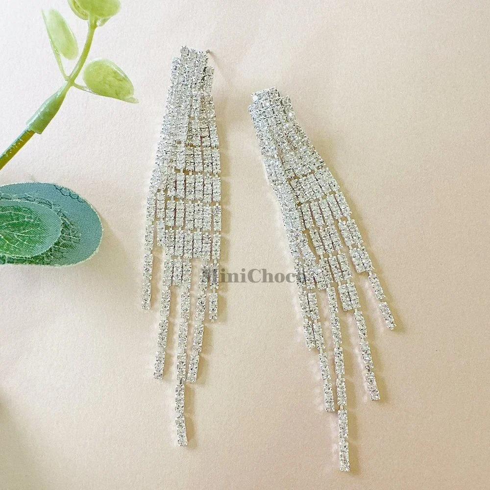 Silver Tone Rhinestone Fringe Double layer Earring - Picture 1 of 8